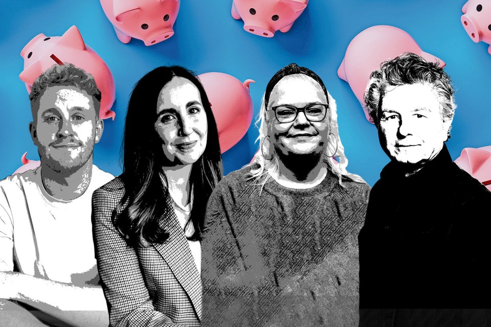 Collage of four people against a background of piggy banks.