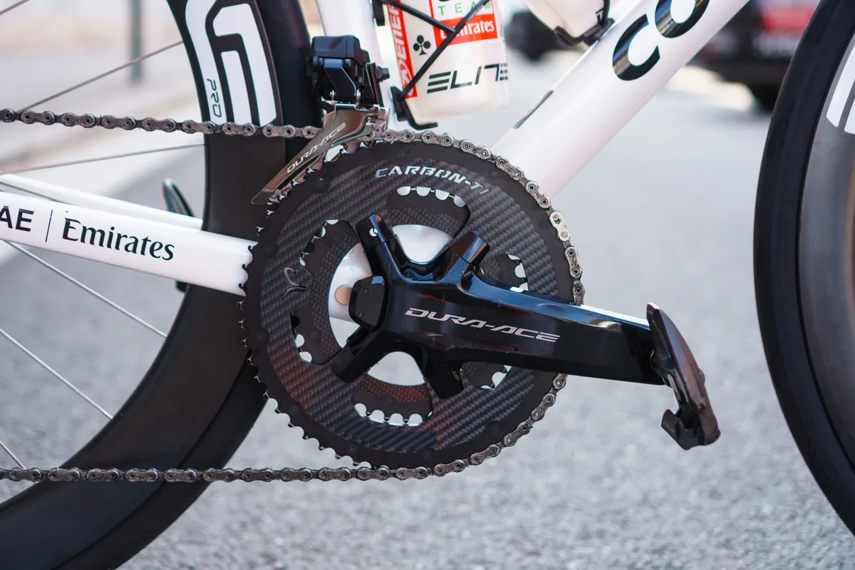 Carbon chainrings on Tadej Pogačar's Colnago V5Rs at the 2025 Tour de France.