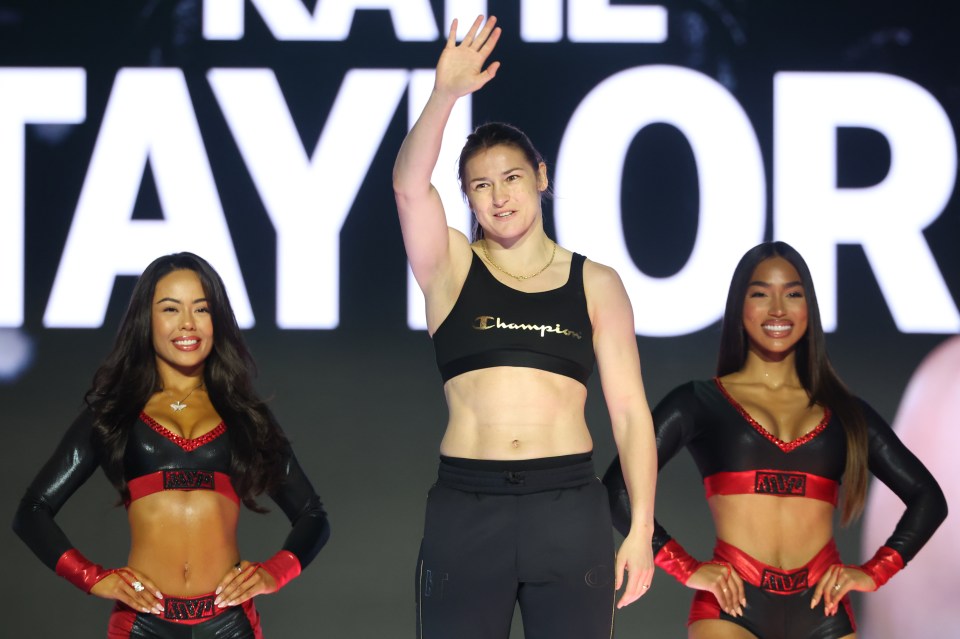 NEW YORK, NEW YORK - JULY 10: Katie Taylor poses on the scale after weighing in for her upcoming fight at The Theater at Madison Square Garden on July 10, 2025 in New York City. (Photo by Ed Mulholland/Getty Images)
