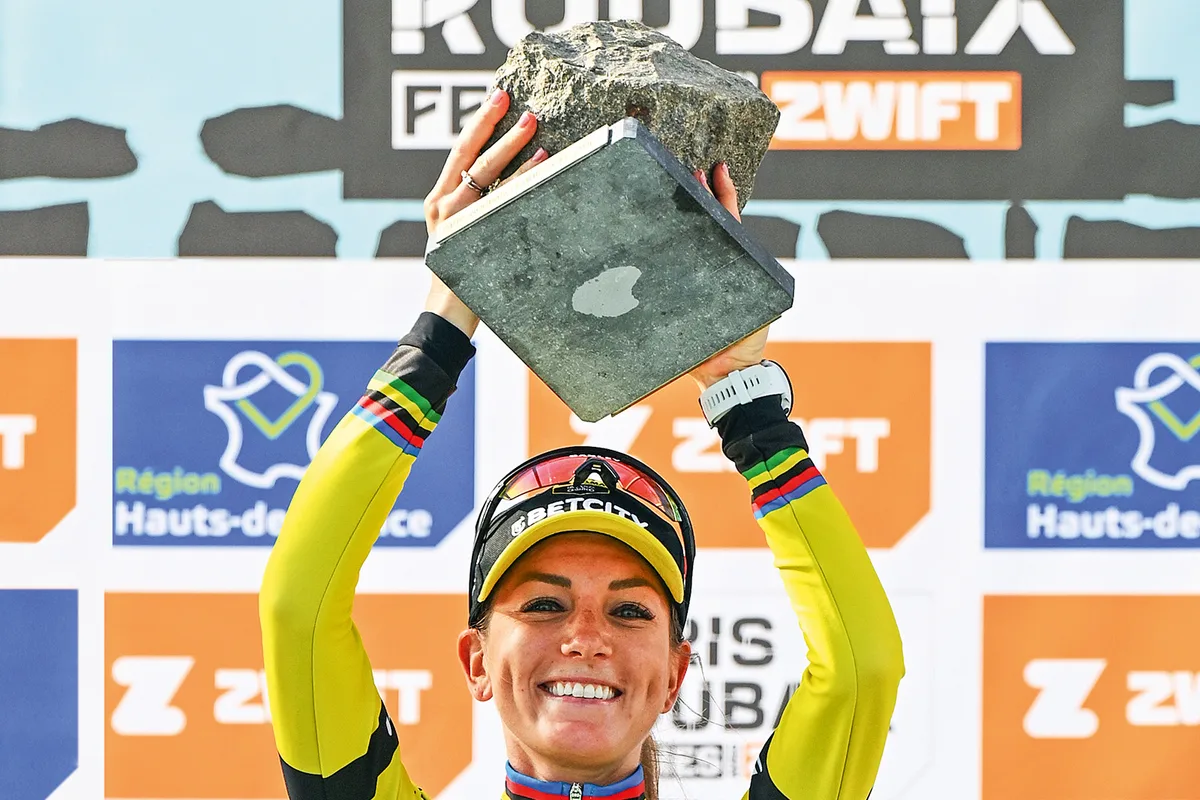 Pauline Ferrand Prevot of France and Team Visma | Lease A Bike celebrates at podium as race winner during the 5th Paris-Roubaix Femmes 2025 on April 12, 2025 in Roubaix, France.