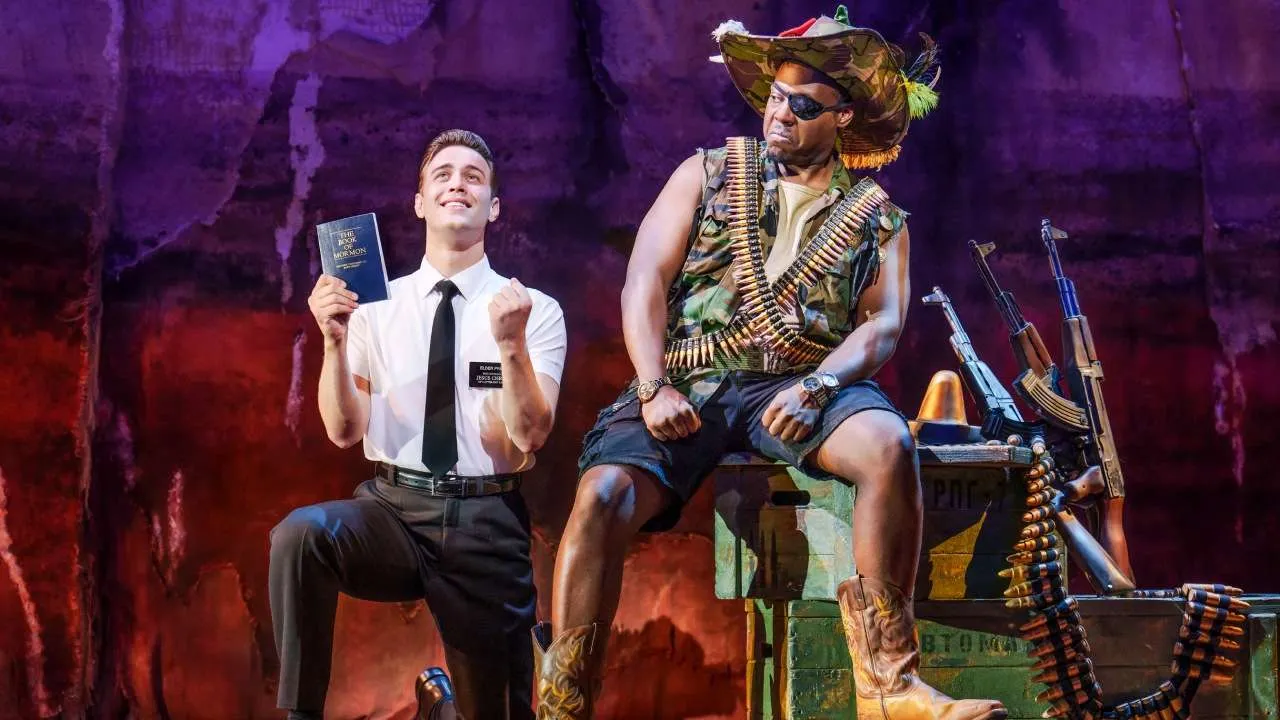 Cast of The Book of Mormon 2025 performing on stage at Prince of Wales Theatre, London