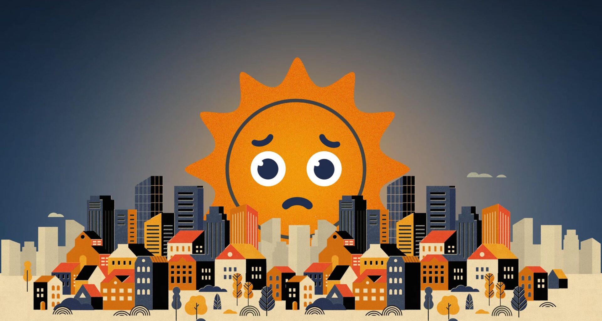 illustration of a personified sun looking worried rising over a city skyline