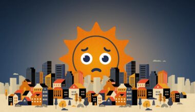 illustration of a personified sun looking worried rising over a city skyline