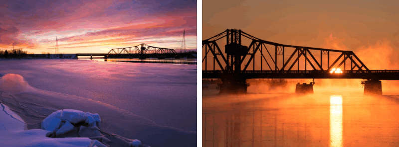 A split image shows a steel bridge over a frozen river at sunset, with vibrant pink and orange skies on the left and an orange sunrise behind the same bridge with mist rising from the water on the right.