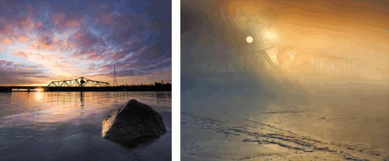 Two images side by side show a truss bridge over water: the left image at sunset with a colorful sky, calm water, and a rock in the foreground; the right image in heavy fog with the sun faintly visible above the bridge.