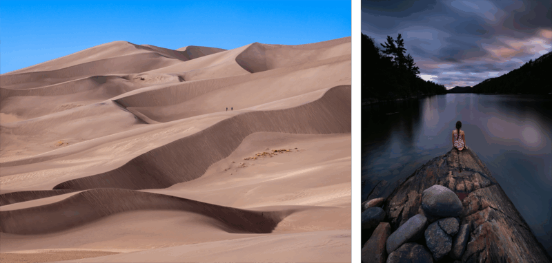 The image is split: on the left, vast golden sand dunes under a clear blue sky with tiny figures walking; on the right, a child sits on a rock ledge by a calm, dark lake, surrounded by trees and a dramatic sky.