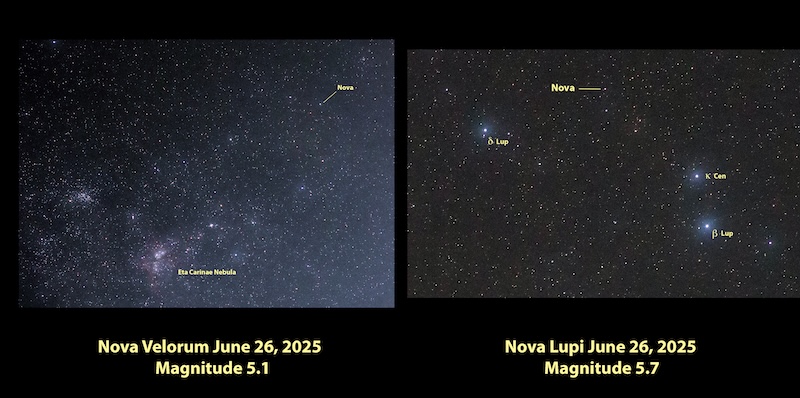 Composite of 2 images showing the Nova Velorum and Nova Lupi on June 26, 2025.