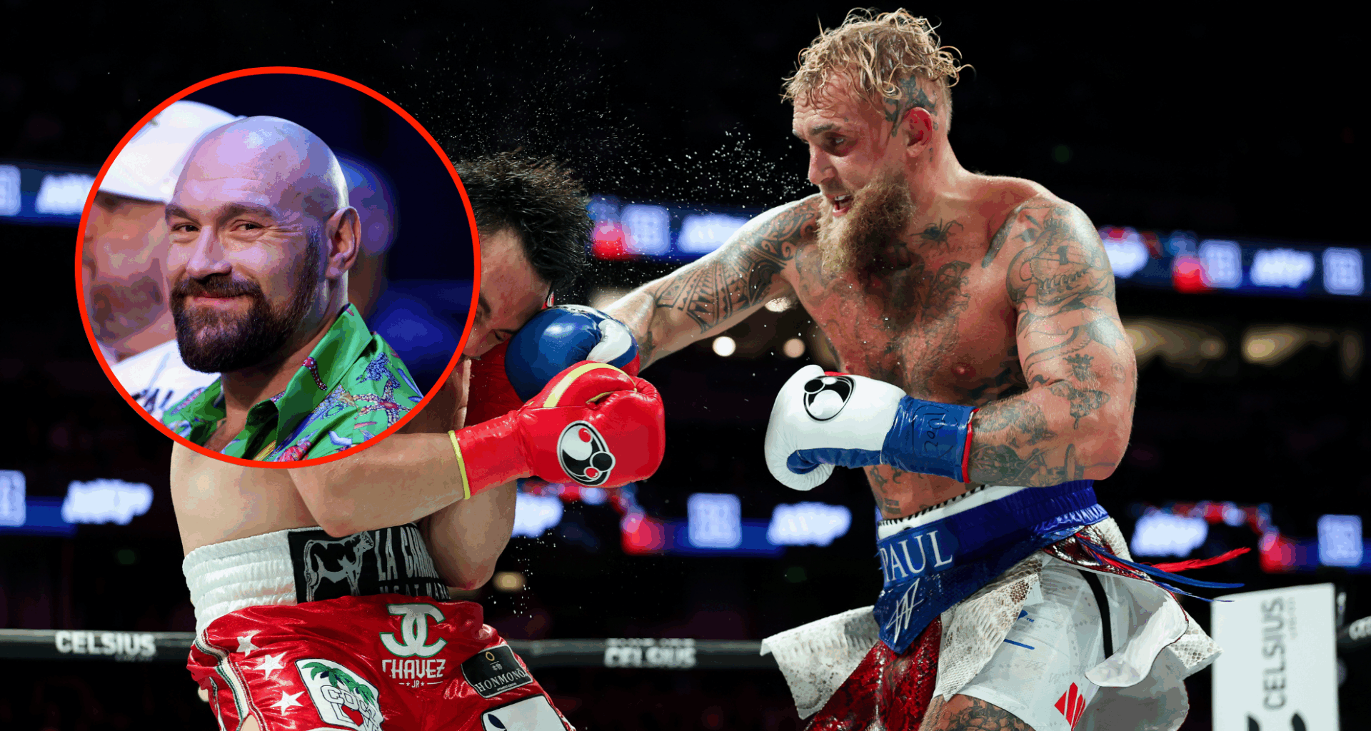 Jake Paul punches Julio Cesar Chavez Jr (main). Tyson Fury watching a fight at ringside