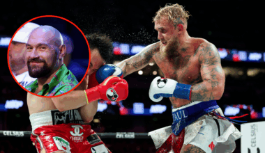 Jake Paul punches Julio Cesar Chavez Jr (main). Tyson Fury watching a fight at ringside