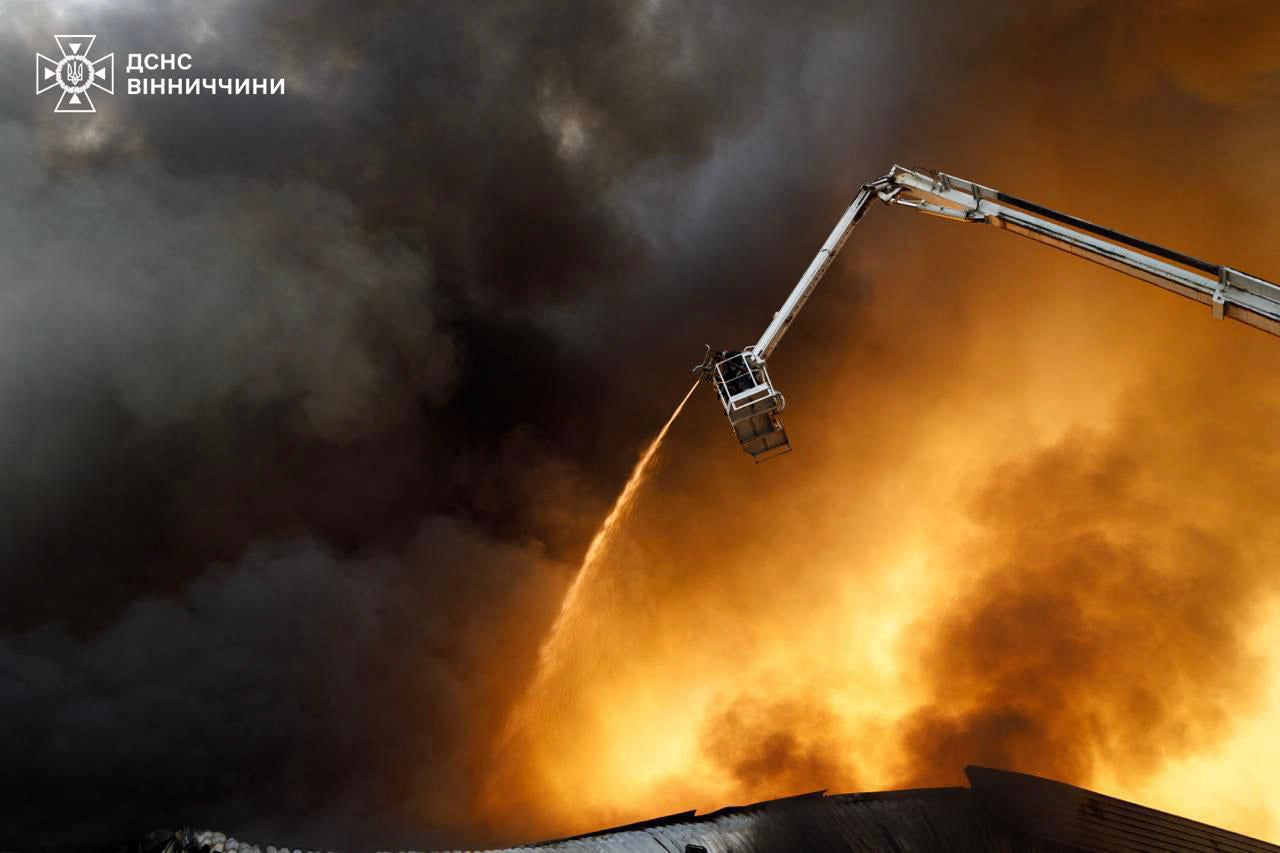 Firefighters extinguishing a fire on industrial object after Russian strike in Vinnytsya region, amid Russian invasion in Ukraine. Russia fired hundreds of drones, artillery and a ballistic missile at Ukraine between late July 15 and early July 16, Ukraine said, defying calls by Donald Trump to reach a peace deal.