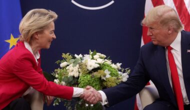 FILE PHOTO: US President Donald Trump attends a bilateral meeting with European Commission President Ursula von der Leyen during the 50th World Economic Forum (WEF) annual meeting in Davos, Switzerland, on January 21, 2020.