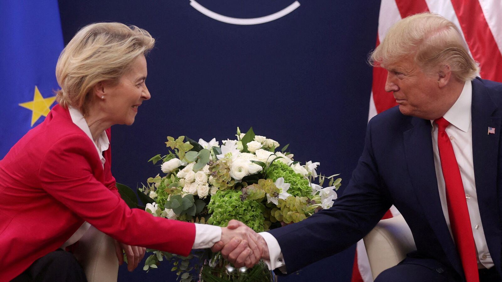 FILE PHOTO: US President Donald Trump attends a bilateral meeting with European Commission President Ursula von der Leyen during the 50th World Economic Forum (WEF) annual meeting in Davos, Switzerland, on January 21, 2020.