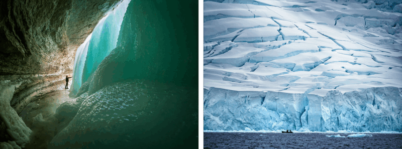 Split image: On the left, a person stands inside an icy cave near a frozen waterfall; on the right, a small boat is dwarfed by a massive, jagged blue glacier rising from the water.