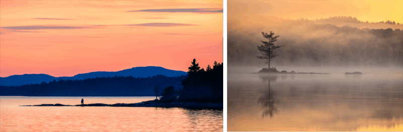 A serene lakeside scene at sunset with orange and pink skies, silhouetted hills, and trees. On the right, a misty morning view features a lone tree on a small island reflected in calm water.