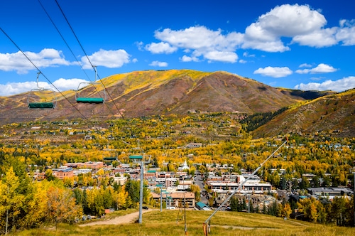 Scenic view of landscape and mountains against sky, Aspen, Colorado, United States, USA