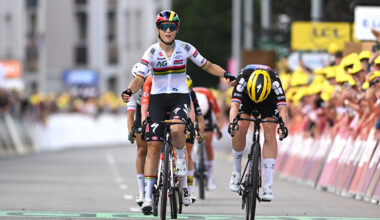 A general view of Kimberley Le Court Pienaar of Mauritius and Team AG Insurance - Soudal celebrates at finish line as stage winner ahead of Demi Vollering of Netherlands and Team FDJ - SUEZ and Anna Van Der Breggen of Netherlands and Team SD Worx - Protime during the 4th Tour de France Femmes 2025, Stage 5 a 165.8km stage from Chasseneuil-du-Poitou (Futuroscope) to Gueret / #UCIWWT / on July 30, 2025 in Gueret, France. (Photo by Szymon Gruchalski/Getty Images)