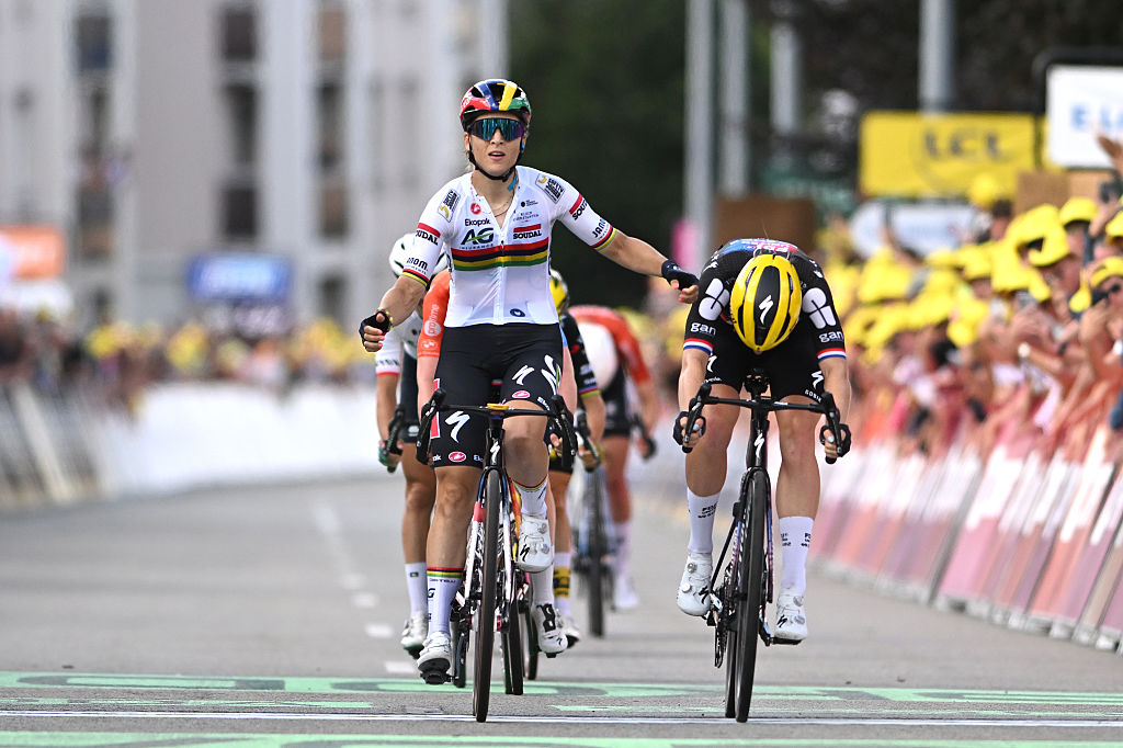 A general view of Kimberley Le Court Pienaar of Mauritius and Team AG Insurance - Soudal celebrates at finish line as stage winner ahead of Demi Vollering of Netherlands and Team FDJ - SUEZ and Anna Van Der Breggen of Netherlands and Team SD Worx - Protime during the 4th Tour de France Femmes 2025, Stage 5 a 165.8km stage from Chasseneuil-du-Poitou (Futuroscope) to Gueret / #UCIWWT / on July 30, 2025 in Gueret, France. (Photo by Szymon Gruchalski/Getty Images)