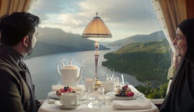 Still from a VisitBritain ad showing two people sat at a table with afternoon tea looking out of a train window onto Loch Lomond