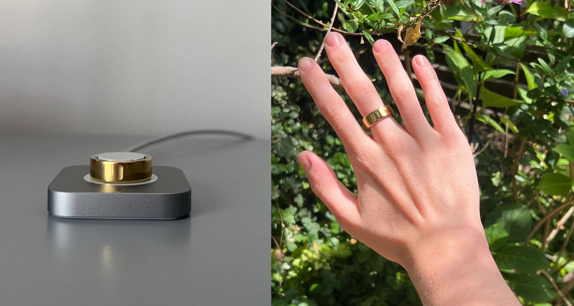 Grace Walsh testing the Oura Ring 4 on middle finger, with ring on charging platform