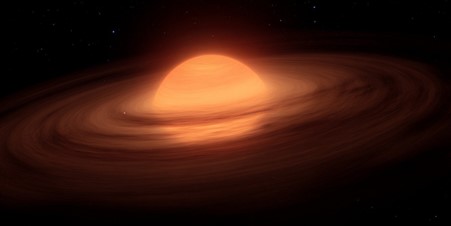 An orange orb surrounded a disk of brown smoke.