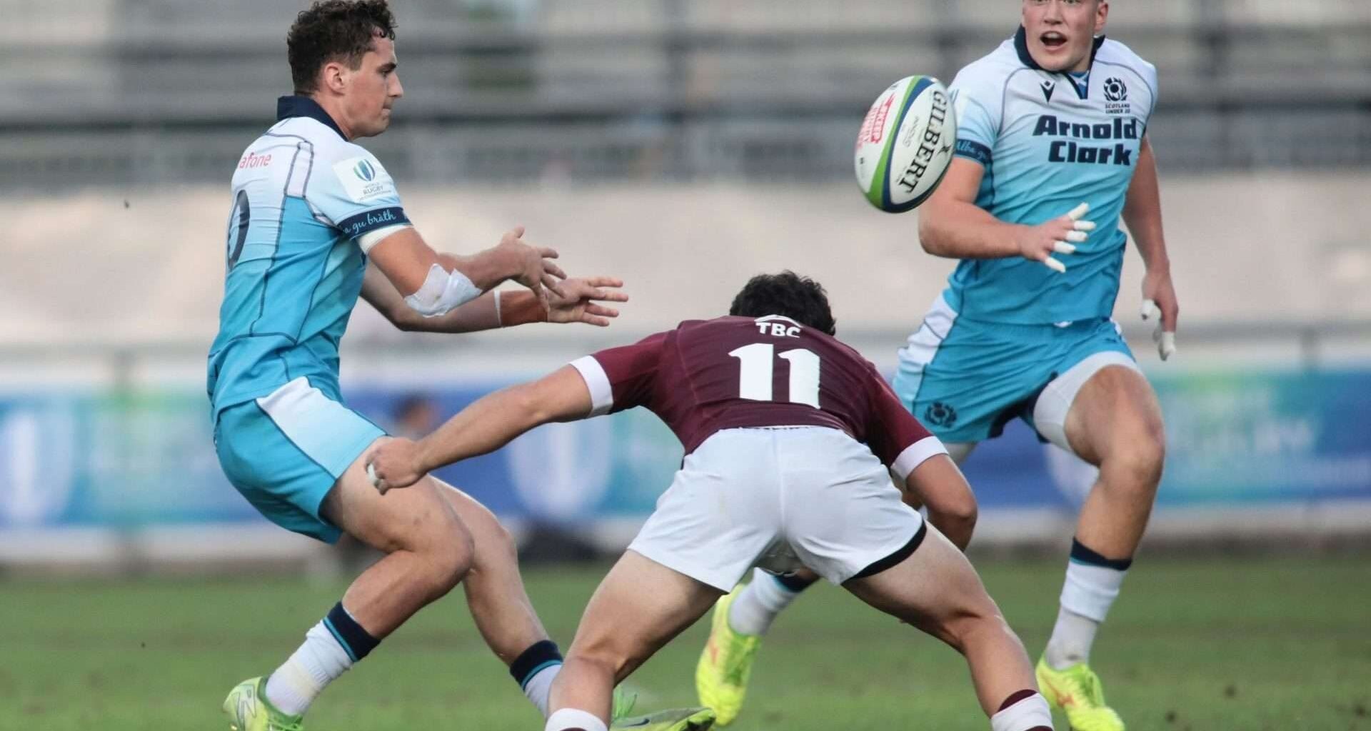 Scotland's Matthew Urwin and Kerr Yule attempt to open up Georgia's defence. Image: World Rugby