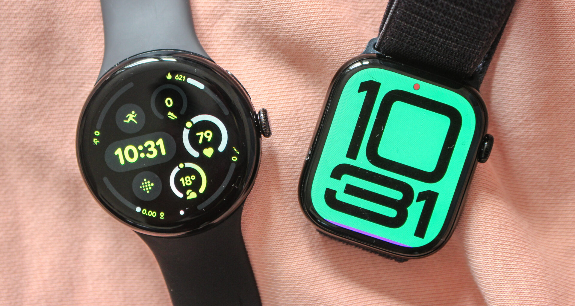 a photo of the Google Pixel Watch 3 and Apple Watch 10