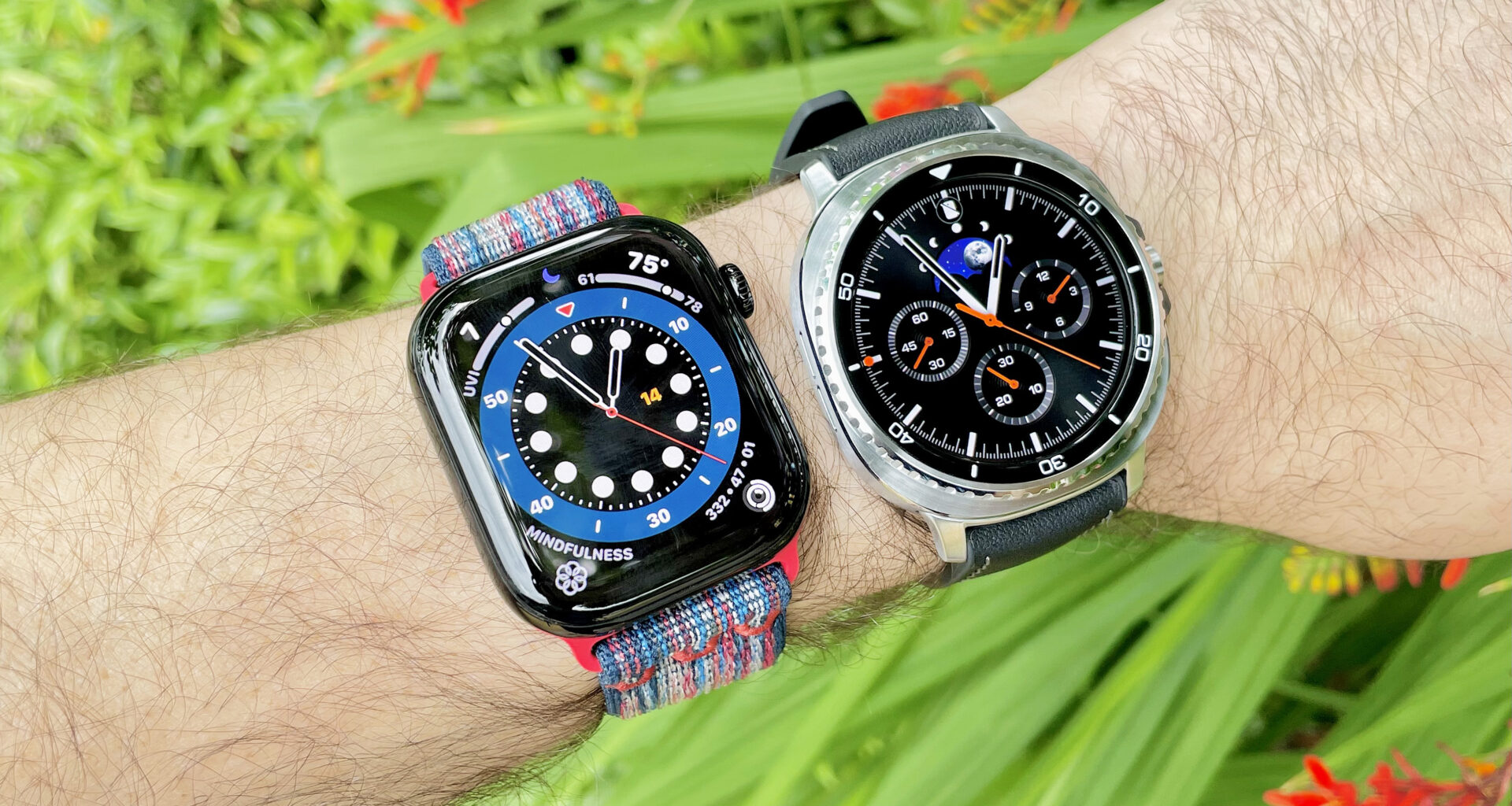 Close up of the Samsung Galaxy Watch Ultra 8 and Apple Watch Series 10 next to each other against a green, foliage background