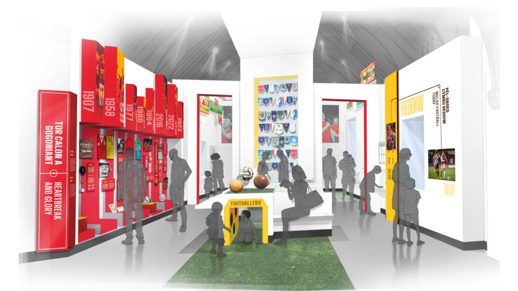 Illustration of a football museum exhibit with display cases, historical memorabilia, informational panels, footballs, and silhouettes of visitors exploring the interactive and colorful space.