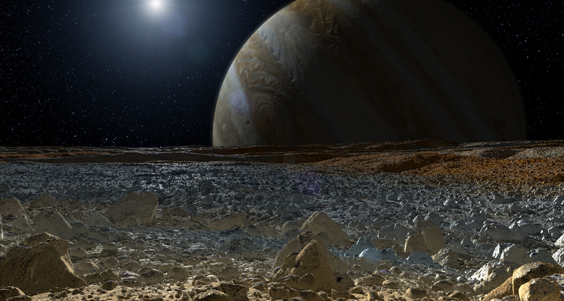An illustration of the rocky surface of Europa with Jupiter in the background