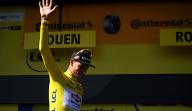 Mathieu Van Der Poel of Netherlands and Team Alpecin - Deceuninck celebrates at podium as Yellow leader jersey winner during the 112th Tour de France, Stage 4 a 174.2km stage from Amiens Metropole to Rouen