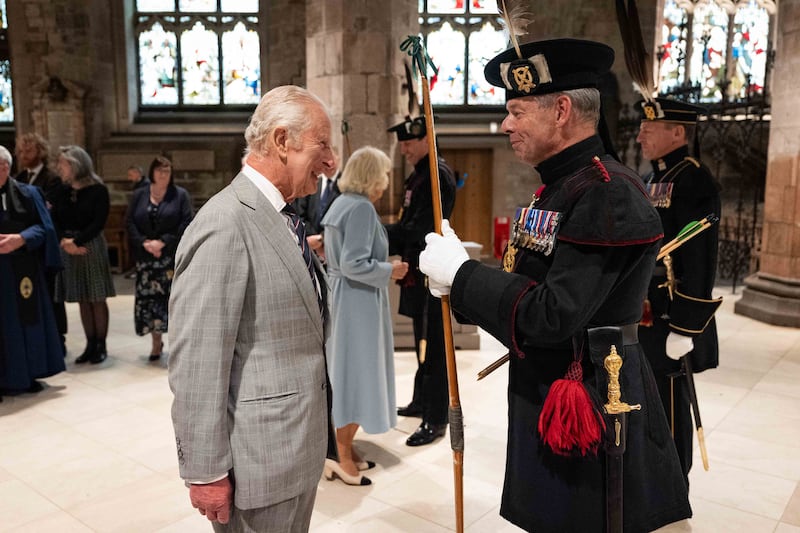 The King and Queen spoke to members of the Royal Company of Archers who had stood guard while the late Queen lay at rest in the cathedral in 2022