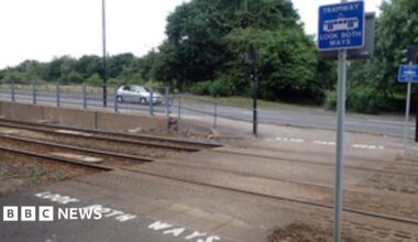 A crossing on a tramway. There are two poles with blue signs reading 'Tramway look both ways' and white paint on the road which says 'Look both ways'.