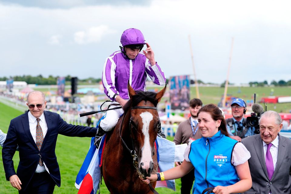 Ryan Moore aboard Minnie Hauk after winning the Betfred Oaks