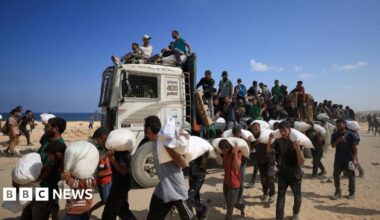 Image shows Palestinians carrying aid supplies in Beit Lahia, northern Gaza, on 20 July, 2025