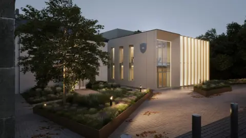 University of Sheffield An artist's impression on the expanded Sheffield Institute for Translational Neuroscience.  The new two-storey building, made of a sand coloured stone and glass, is situated at the end of a paved area surrounded by flower beds and trees.