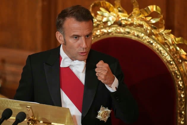 French President Emmanuel Macron gestures as he speaks at the Guildhall banquet in London, Wednesday, July 9, 2025.