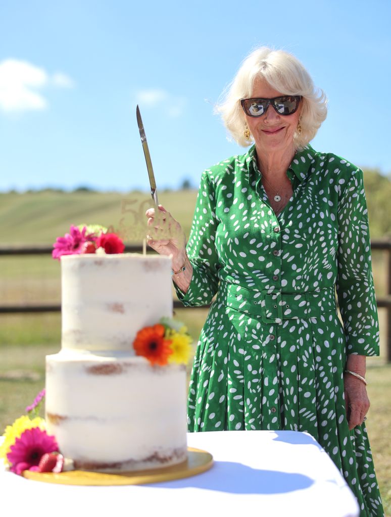Queen Camilla holding knife over a cake