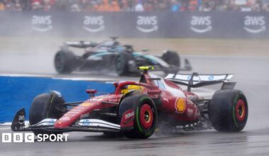 Lewis Hamilton drives his Ferrari in torrential rain during the 2025 British Grand Prix