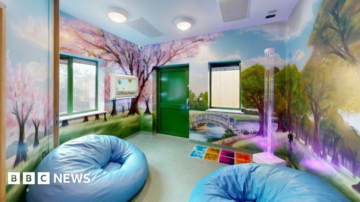 A room with murals of trees with pink blossoms, big blue beanbags and a pink lava lamp.