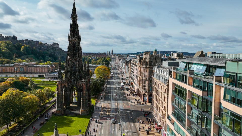 Aerial view of Edinburgh's Scott Monument and Princes Street.