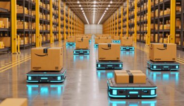 Illustration of Amazon's one millionth robot operating in a fulfillment center. Image generated by AI.