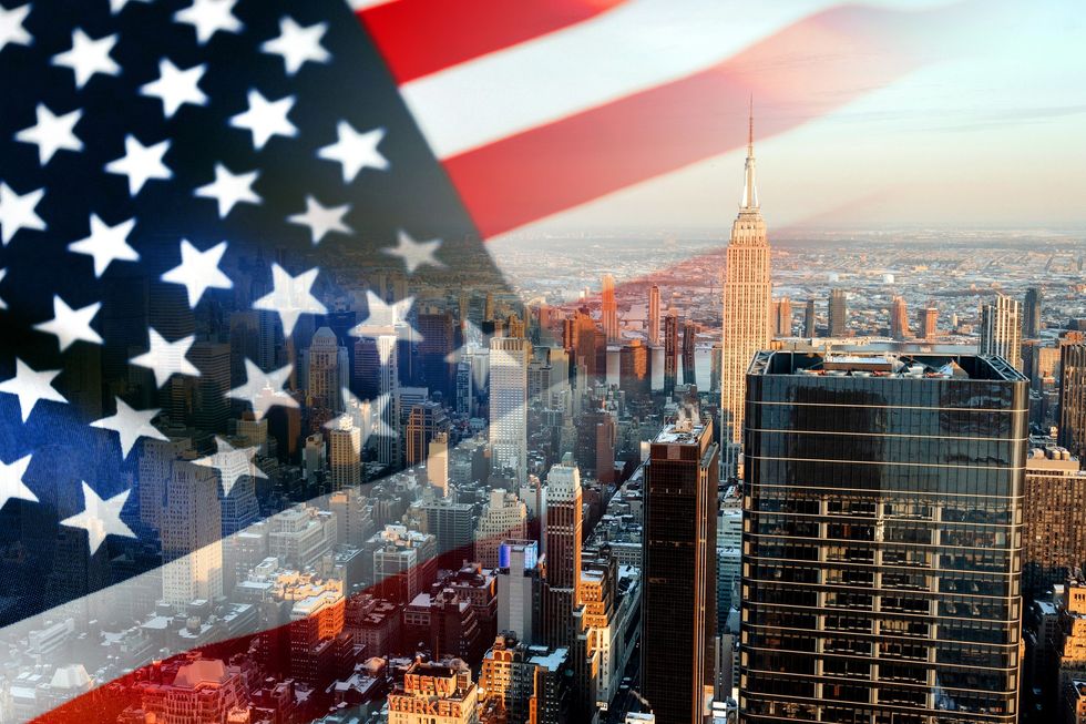 American flag and New York skyline