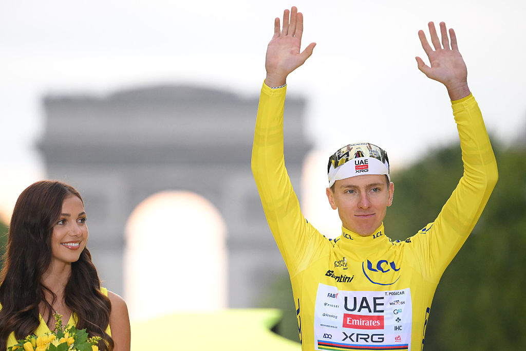 PARIS - CHAMPS-ELYSEES, FRANCE - JULY 27: Tadej Pogacar of Slovenia and UAE Team Emirates - XRG celebrates at podium as Yellow leader jersey winner during the 112th Tour de France 2025, Stage 21 a 132.3km stage from Mantes-la-Ville to Paris - Champs-Elysees / #UCIWT / on July 27, 2025 in Paris - Champs-Elysees, France.