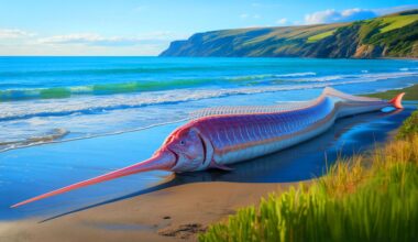 Illustration of oarfish washed ashore on the coasts of Tasmania and New Zealand. Image generated by AI.