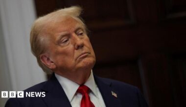 President Donald Trump looks on during a press conference about AI in January