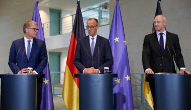 German Chancellor Friedrich Merz (centre) with Deutsche Bank CEO Christian Sewing (left) and Siemens CEO Roland Busch at the launch of the “Made for Germany” initiative in Berlin on July 21.