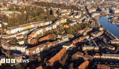 The Bristol city skyline. The Avon river is to the right of the image, with the tops of houses seen for miles.