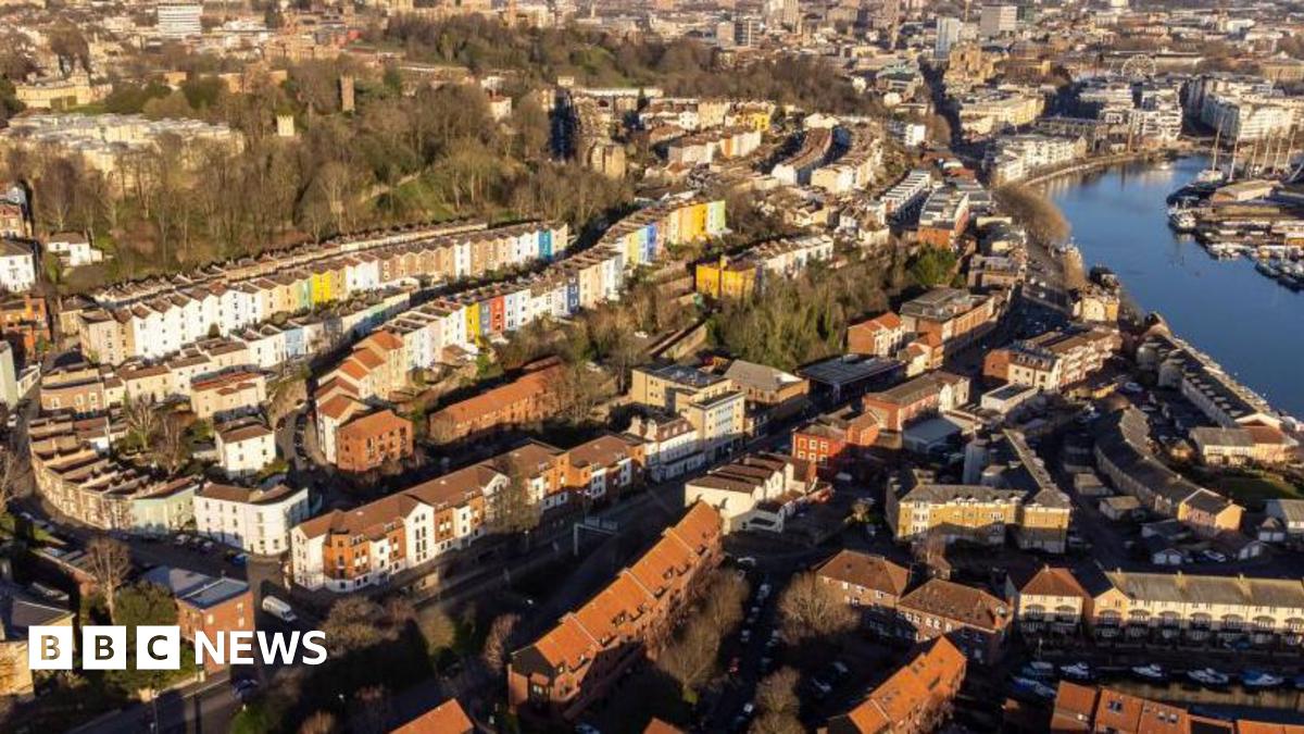 The Bristol city skyline. The Avon river is to the right of the image, with the tops of houses seen for miles.