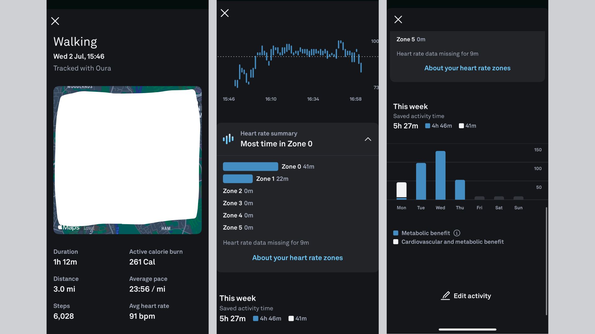Grace Walsh's screenshots of walk showing activity data on the Oura Ring 4