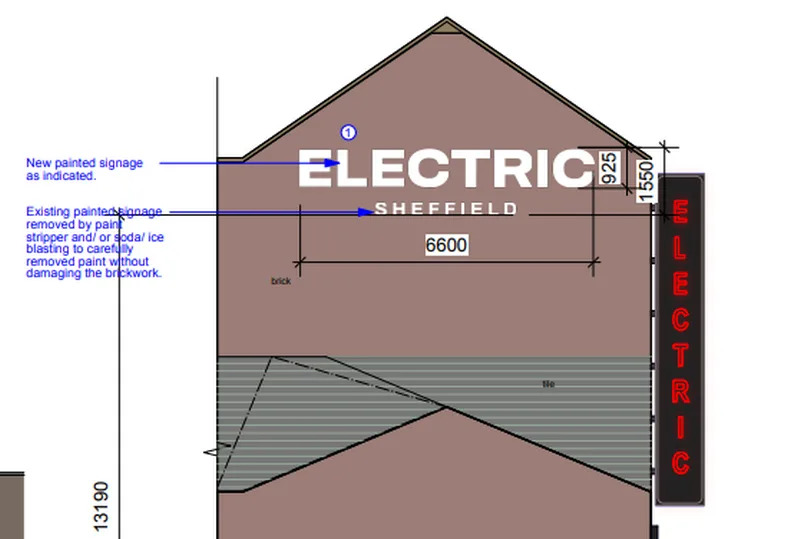 A mock-up of what the Electric Sheffield sign will look like, with "Electric" written in illuminated red letters down the side